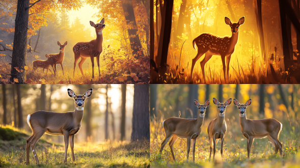 野生动物鹿在森林里，真实，暧色调，全景构图，长久镜头，逆光，画面统一，