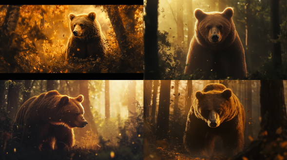 棕熊在森林里的全景，真实感，暖色调画面统一，长焦镜头，逆光，棕熊毛发蓬松，表情警觉，沉稳。