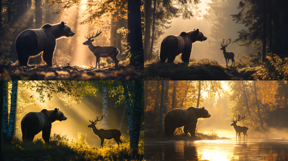 棕熊和梅花鹿在森林里，全景画面，逆光下轮廓清晰，暖色调统一，真实感强，广角镜头，平静。