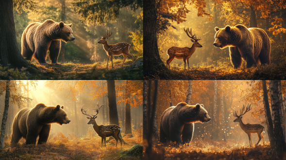 棕熊和梅花鹿在森林里，全景，暖色调逆光，真实感，森林环境，广角，画面和谐，平静。