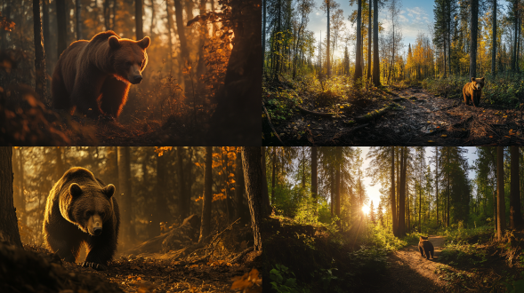 野生动物棕熊在森林里，真实，暧色调，全景构图，广角镜头，逆光，画面统一，
