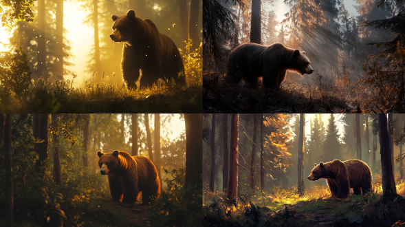 野生动物棕熊在森林里，真实，暧色调，全景构图，广角镜头，逆光，画面统一，