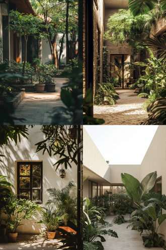 一个庭院，有植物，植物纹理清晰，风格简约风