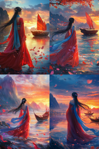 a beautiful chinese girl in red hanfu stands on the shore, with her long hair flowing behind her and a blue scarf around her neck. in front of her is an ancient boat at sea under sunset, surrounded by mountains. the water surface reflects colorful lights, creating a dreamy atmosphere. a few petals float nearby, adding beauty to it. the painting is in the style of an ancient chinese artist.