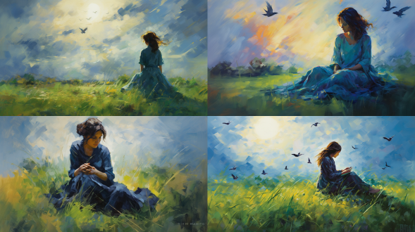 蓝绿黄色交织混合的油画，简爱女孩坐在草地上的背影，人物主体位于图片左侧，天上有飞鸟，柔和光线，自然环境，长焦镜头，逆光，静态，细腻笔触，温暖色调，沉思。