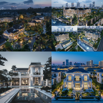 檀宫风格别墅群，四层六栋，欧洲古堡细节，大理石外墙，日式花园锦鲤池，黑松点缀，半鸟瞰视角，城市天际线背景，柔和灯光，细节丰富，色彩和谐，现代感，反射效果，广角镜头，自然光，层次感，对称构图，奢华感。