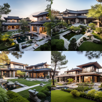 现代中式别墅，米色石材，咖啡色砖，深色窗，高门头，花园环绕，狗，松树，草坪，紫薇树，花岗岩路，鱼池，大理石墙，半空鸟瞰，细节丰富，侧光，轻松氛围，蓝色天空，愉悦表情，自然光，开阔视野，和谐布局，广角镜头，高分辨率，暖色调，自然光，动态平衡，环境融合。