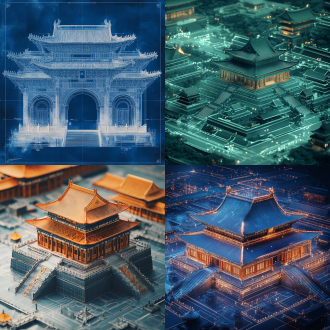 设计图，工业设计风格，北京故宫图纸，详细数据说明，深色背景，高清图，16k，对称布局，冷色调，微距镜头，顶光，细节丰富，精确，专业。