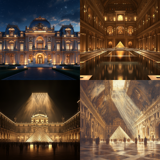 设计图，建筑设计风格，罗浮宫图纸，详细数据说明，深色背景，高清图，16k，对称布局，精细线条，冷色调，广角镜头，顶光，清晰细节，专业感，现代感，精确度。