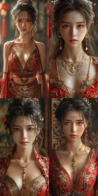 女性游戏人物，长头发，貂蝉风格，古典美，细腻肌肤，柔和眼神，华丽服饰，金色装饰，宫廷背景，细腻光影，广角镜头，自然光，优雅姿态，红色与金色搭配，神秘与高贵。