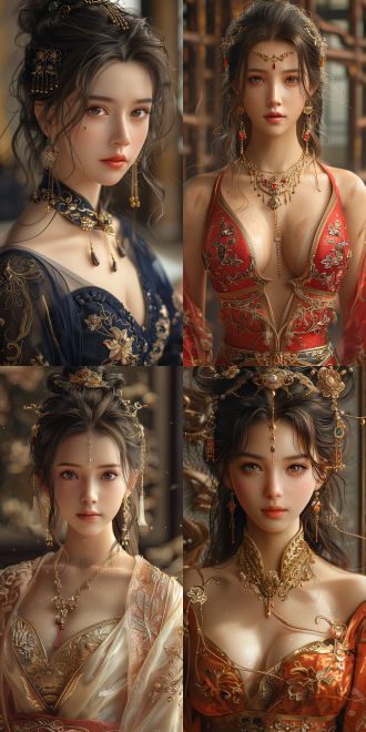 女性游戏人物，长头发，貂蝉风格，古典美，细腻肌肤，温柔眼神，华丽服饰，金色装饰，宫廷背景，柔和光线，广角镜头，高分辨率，细节丰富，优雅姿态，神秘氛围。