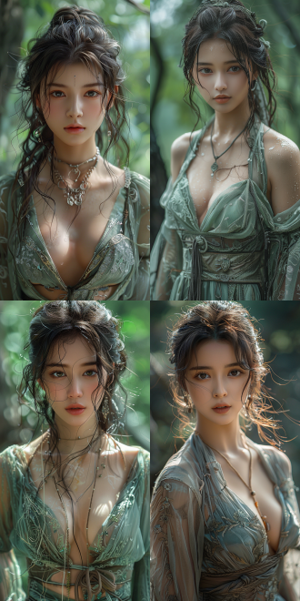 游戏人物，女性，长头发，龙葵，幻想风格，古装，细腻纹理，柔和表情，森林背景，长焦镜头，自然光，静态，神秘，蓝绿色调，优雅。