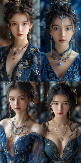 古装美女。深蓝色古装，貂蝉，蓝色丝绸