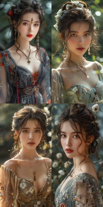 国漫风格美女，貂蝉风格，古典发饰，华丽长裙，温婉微笑，花园背景，细腻笔触，柔和光线，中焦镜头，自然色彩，优雅，宁静。