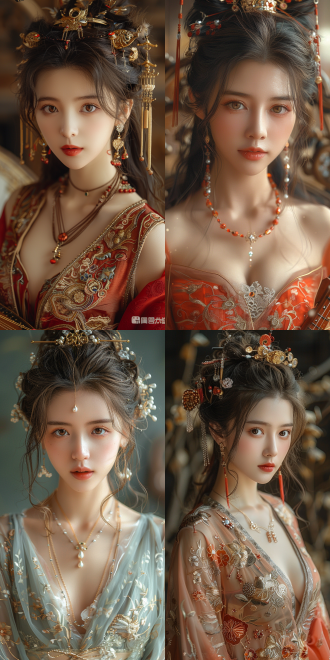 国漫风格美女，貂蝉风格，宫殿背景，琵琶，半身像，细腻画风，古典美，华丽服饰，长发飘逸，温柔眼神，宫廷氛围，金色装饰，柔和光线，琵琶演奏，优雅姿态，中国红，古典蓝，宁静，高贵。