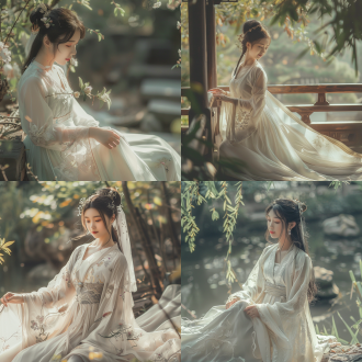 古装汉服，多巴胺风格，中国女孩，中式美感，柔和光线，细腻纹理，长裙飘逸，含蓄微笑，古典园林，淡雅色彩，柔焦效果，细节丰富，文化韵味，自然光，中长焦镜头，慢快门，静态，宁静，优雅。