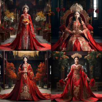 中国女孩穿红色嫁衣，十里红妆，凤冠霞帔，红色头饰，端庄站立，微笑，全身图，婚礼现场，对称构图，高饱和度，长焦镜头，柔和前光，静态，喜庆，传统。