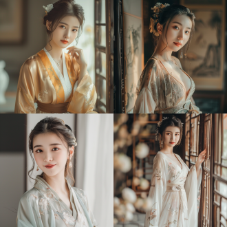 亚洲女模特，身材火辣皮肤白皙，五官精致，全身照，高挑身材，室内环境，自然光，人像摄影，中焦镜头，清晰细节，优雅姿态，自信微笑，柔和光线，细腻肌肤，汉服装扮，室内背景，优雅站姿，明亮眼神，自然色调，自信表情。