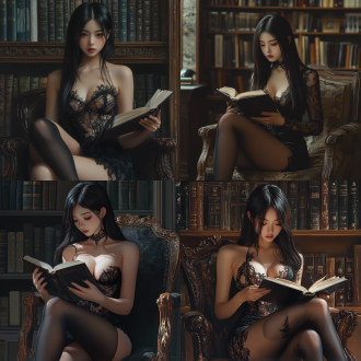 纯乖巧美女。头发黑长直。大长腿，在图书馆看书，湿润感，，黑色丝袜，蕾丝，亚洲女孩，