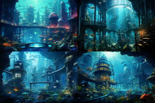 海底未来城市，透明建筑，奇特形状，鱼群穿梭，巨大珊瑚礁，有序交通工具，神秘美丽氛围，高透明度，多彩色调，广角镜头，柔和侧光，动态捕捉，科技感，宁静神秘。 废弃城市群 近未来城市 另一世界