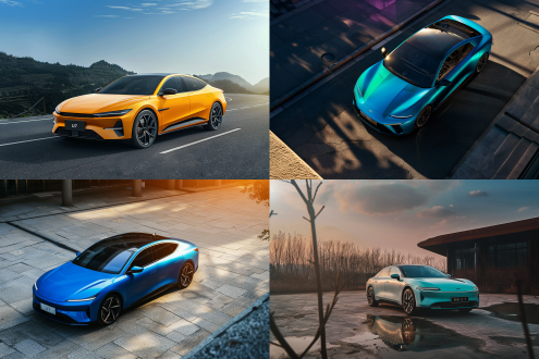 小米u7小车居中，车身配色绚丽，户外场景，微距镜头，顶光，超高写真，金属质感，科技感，居中构图。