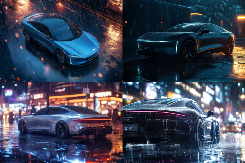 小米u7小车在户外雨景中，居中构图，微距镜头呈现超高写真，金属质感凸显，冷色调，顶光，静态，科技感。