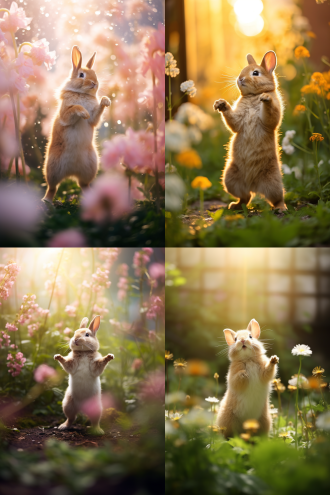 植物花卉场景，小兔子跳舞，中心构图，花园里，柔和色调，微距镜头，自然光，慢快门，欢快，生机勃勃，粉嫩，温馨。