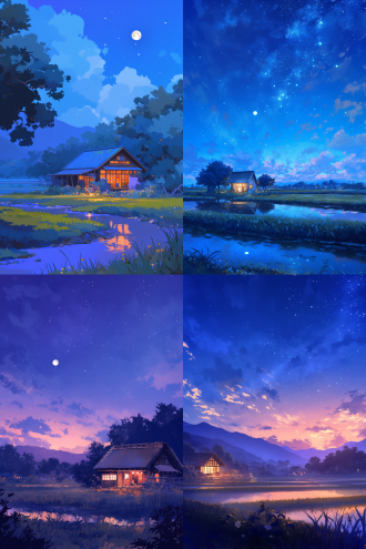 田野溪流房屋，家乡夜景，月光星空，梵高画风格，环境明亮，简约自然，全景视角，8k，高分辨率，高清质量，象牙白，暖色调，广角镜头，柔和侧光，宁静，温馨，怀旧。