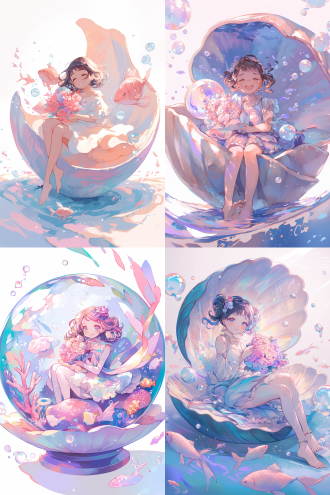 女孩坐在大贝壳里手持粉花束，周围有鱼和泡泡，白色背景，可爱装扮，正面表情，柔和色调，鱼眼镜头，顺光，宁静。