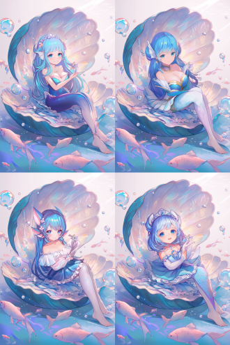 女孩坐在大贝壳里手持粉花束，周围有鱼和泡泡，白色背景，可爱装扮，正面表情，柔和色调，鱼眼镜头，顺光，宁静。