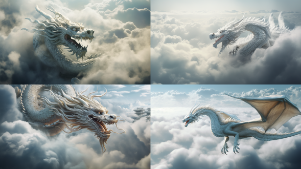 白色中国龙在天上飞，周围云雾缭绕，蜿蜒身姿，龙须飘动，仰视视角，高动态范围，冷色调，长焦镜头，逆光，飞翔，神秘。