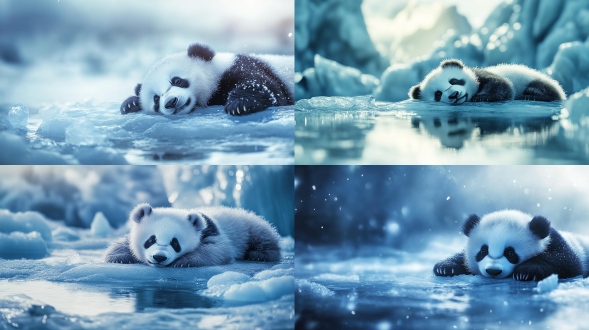 可爱熊猫趴在冰块上享受，中心构图，自然环境，长焦镜头，柔和光，毛茸茸质感，蓝白色调，惬意，萌态。