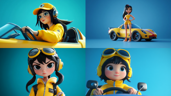 黑色头发，黄色衣服，可爱的女孩，驾驶员形象，蓝色背景，详细的角色设计，全身可见，卡通ip，动感十足。柔和配色，电影场景灯光，c4d，or渲染起， 卡通ip风格, 科技感, 汽车装饰, 皮克斯动画
