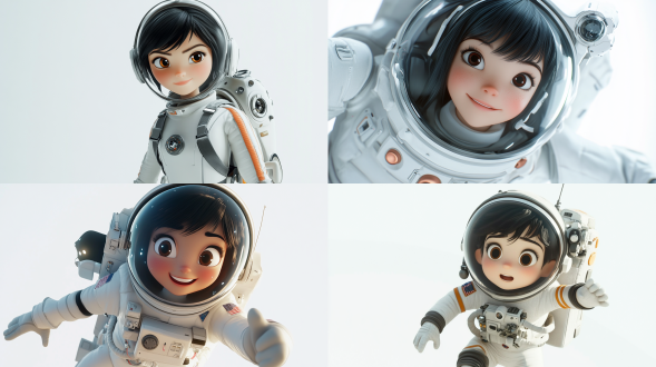 黑色头发，白色衣服，可爱的女孩，宇航员形象，白色背景，详细的角色设计，全身可见，卡通ip，动感十足。柔和配色，电影场景灯光，c4d，or渲染起， 卡通ip风格, 科技感, 宇航用品装饰, 皮克斯动画