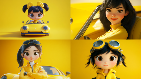 黑色头发，黄色衣服，可爱的女孩，驾驶员形象，黄色背景，详细的角色设计，全身可见，卡通ip，动感十足。柔和配色，电影场景灯光，c4d，or渲染起， 卡通ip风格, 科技感, 汽车装饰, 皮克斯动画