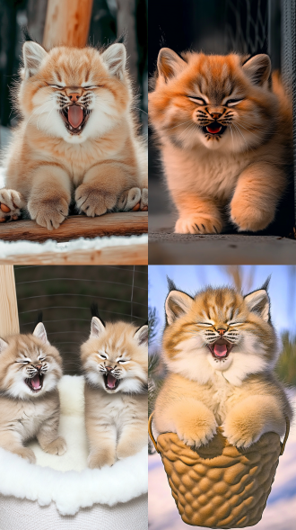 两只猞猁打闹，室内，地板，简约家居，猫窝，8k高清，超萌可爱，小短腿，肥胖，毛绒绒，极致细节，毛发细节，高分辨率，自然光，广角镜头，暖色调，动态模糊，欢快，温馨。