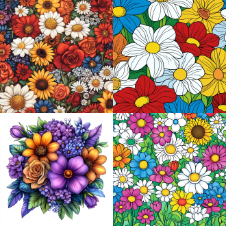 create a realistic and colorful cover for a coloring book, featuring a diverse array of flowers in bouquet in full bloom on white background. include a variety of flowers such as roses, tulips, daisies, and sunflowers, each depicted with natural colors and intricate details. the composition should be vibrant and appealing, showcasing the unique beauty of each flower type. ensure the flowers are arranged in a harmonious and aesthetically pleasing manner, with a focus on realism and botanical accuracy. this cover should inspire creativity and relaxation for those who enjoy coloring and appreciate the beauty of nature,,in clothes