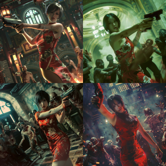 完美身材的艾达王，旗袍装，手持格洛克手枪，古堡内，丧尸环绕，阴森氛围，暗色调，远景，鸟瞰图，紧张情绪，动态模糊，神秘感，生化危机，高对比度，侧光，广角镜头，暖色调，快速快门，跳跃，紧张。