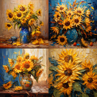 向日葵油画笔触，梵高风格，圆顶巧妙温馨，对比鲜明混合媒体，油画质感，鲜艳色彩，温暖光线，细腻笔触，静物构图，艺术氛围。
