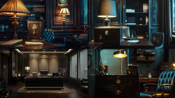 老板办公室保险柜，豪华装饰，暗色调，办公室内，长焦镜头，柔和顶光，静态，专注，明亮。