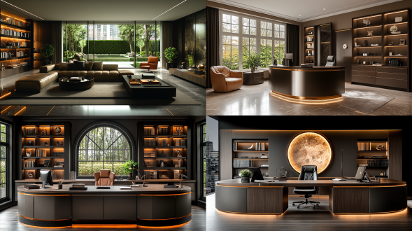 明亮老板办公室，宽敞空间，现代简约风格，大窗户，自然光，正视角度，木质办公桌，皮质椅子，书架，绿植，金属装饰，高分辨率，清晰细节，中性色调，专业氛围。