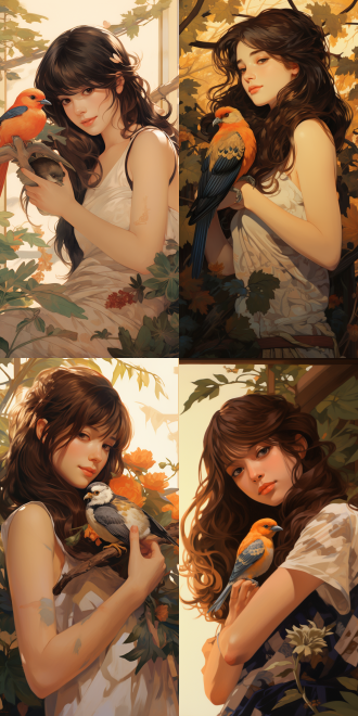 鸟站肩膀，亲密互动，自然风格，户外，柔和光线，长焦镜头，浅景深，和谐，温暖色调，信任。 浮世绘 图书馆背景 半身 明亮的 柔光 洛伊什 植物亲和力