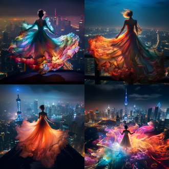 女侠飞翔，彩色斗篷飘扬，上海夜景，高角度俯瞰，霓虹灯光，长焦镜头，逆光，动态模糊，神秘，力量。