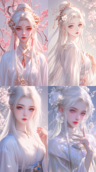 古典美女，国风，精致透光古装，白色长发，发鬓，柳眉，大眼睛，桃花唇，肤质细膩，超清五官，脸部打光，自然光，柔和的光线，对称构图，长焦镜头，细膩纹理，32k高清壁纸，超高清画质，绝美容颜，广角镜头，全景透视，正面图