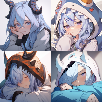 二次元蓝白长发，懒散至极，嚣张但又怂，皮肤白哲细腻，懒洋洋，龙角，脸部特写，头像