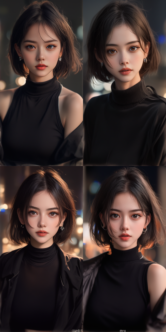 女生坚定眼神，短发黑发，褐色眼珠，双眼皮，黑色上衣，正面视角，高清晰度，自然光，室内环境，标准镜头，中性色调，自信表情，专注。