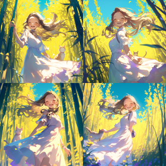 海莉穿着古装站在室外大片竹林中，惊讶的环顾四周，背包里的猫咪探头张望。