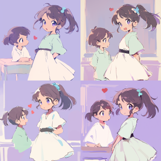 小女孩李雨溪和小男孩陈蒋在教室里聊天，陈蒋站在桌子的左侧，李雨溪笑得很开心，现代教室背景（卡通手绘风格）