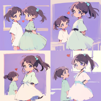 小女孩李雨溪和小男孩陈蒋在教室里聊天，陈蒋站在桌子的左侧，李雨溪笑得很开心，现代教室背景（卡通手绘风格）