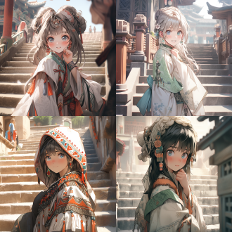 女孩戏服半身特写，古老街道，斑驳城门，大理石台阶，插画风格，清新自然，中景，柔和光线，细节丰富，传统服饰，微笑表情，淡雅色彩，宁静氛围。
